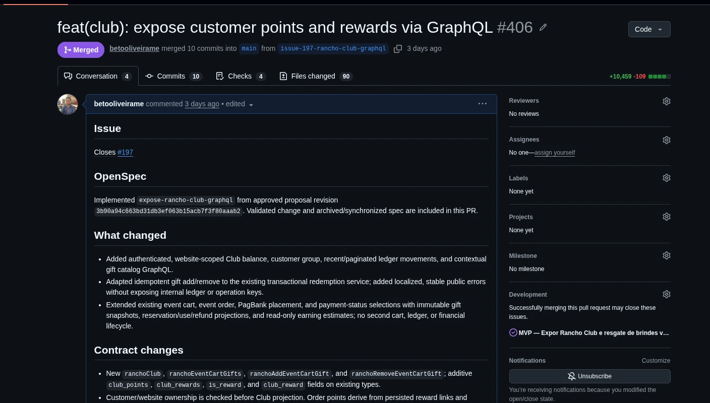 Pull Request mergeado com referência à issue e à proposta OpenSpec